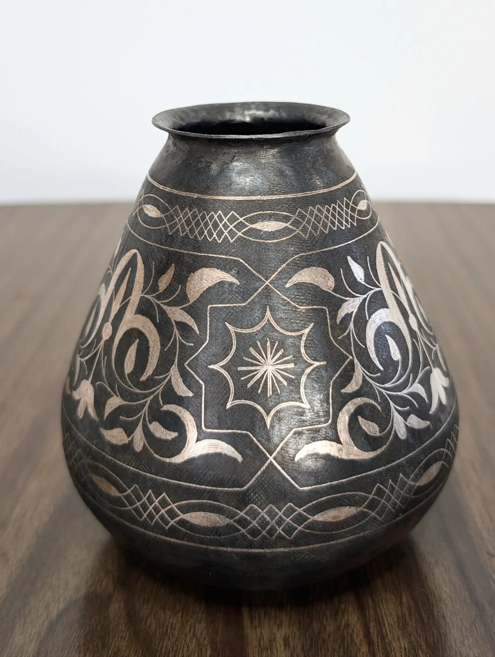 Antique Islamic Indo-Persian Bidriware Gray With Silver Koftgari Florals Vase